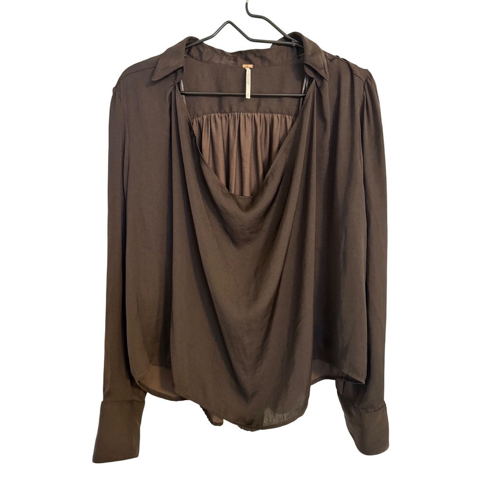 Free People Womens Chocolate Brown Cowl Neck Open Back Long Sleeve Blouse Small